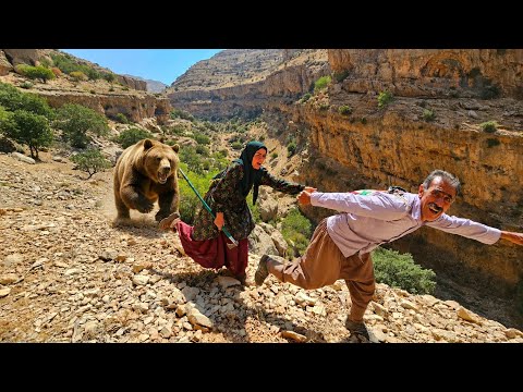 Tuba in the clutches of wild nature escaping from a bear in
