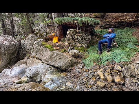 Building a shelter near the waterfall Cooking morel