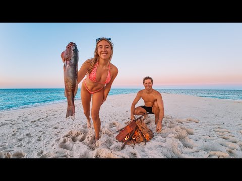 Living at Sea Remote Sand island Camping Spearfishing our