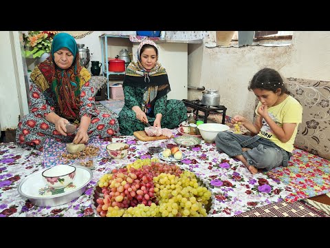 Cooking Walnut rice Drying grape in the old way for the