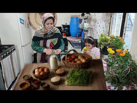 Village life in IRAN Cooking Soot Shurbasi in a mountain
