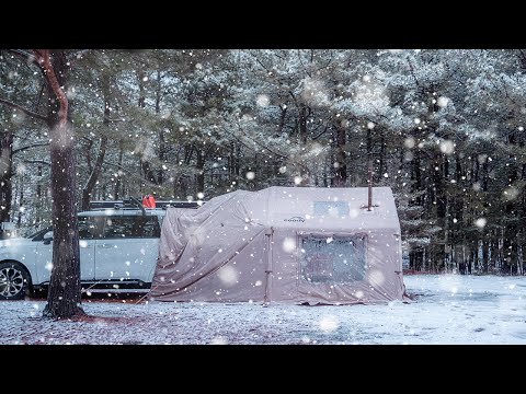 Camping In snow alone In the cozy car air tent I had a warm