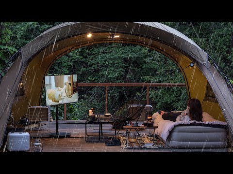 SOLO Camping in the RAIN SLEEP in bed Watch TV RELAX rain