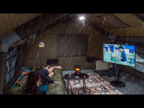 RAIN and STORM Camping in AIR TENT that is more cozy and