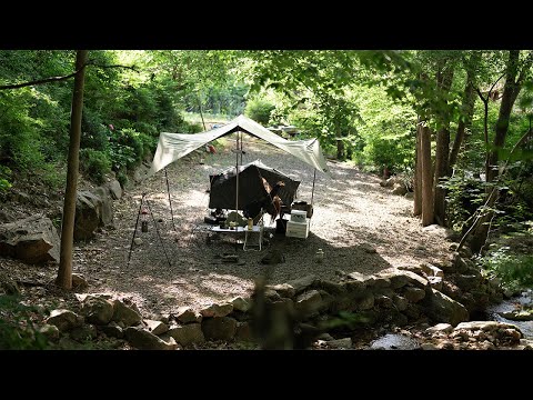 Solo Camping After work In the cool mountain stream very