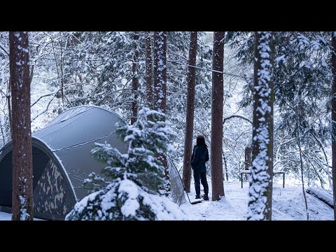 night in the snowy forest vibe camping in a warm and