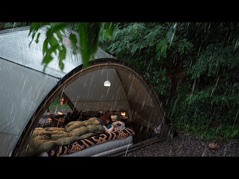 Solo Camping in the heavy rain lying on the bed in a cozy