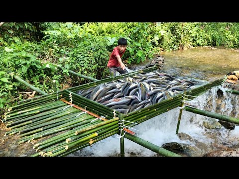 The boy Lam made an ancient bamboo fish trap and was