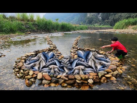 The boy skillfully arranged rocks to create a unique fish