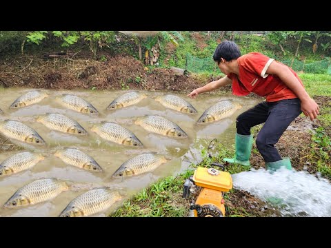 The boy used a water pump to catch fish in an abandoned