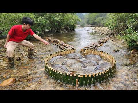 The boy Lam used a traditional bamboo fish trap set