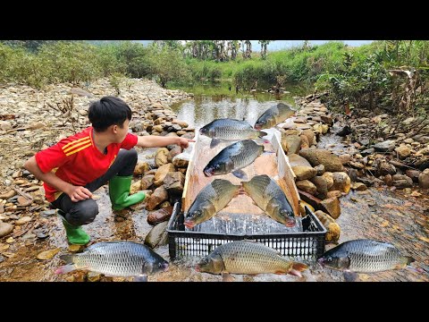 The boy Lam used a wooden slide to catch fish in the stream