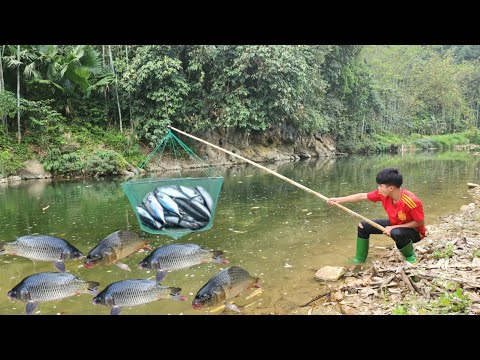 The boy Lam used a net to catch fish in the stream