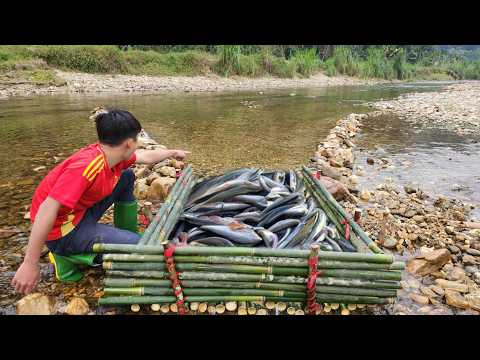 Using bamboo to make a fish trap in the stream the boy