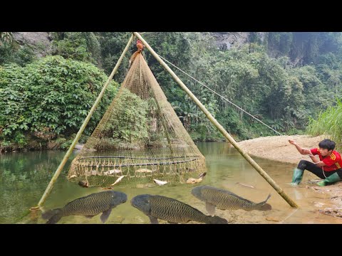 How to make a simple fish trap from fishing net and bamboo