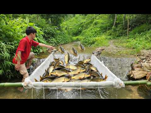 Lam used bamboo and white netting to create a fish trap on