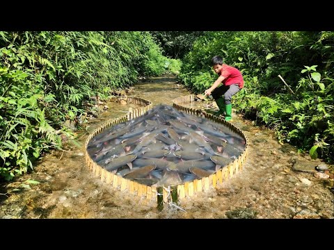 The boy skillfully wove bamboo to make a fish trap in the