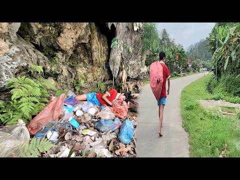 wandering boy collects bottles and scraps for a living