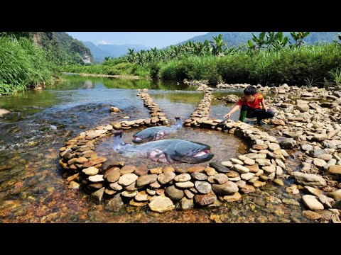 The boy cleverly arranged rocks to form a trap in a large
