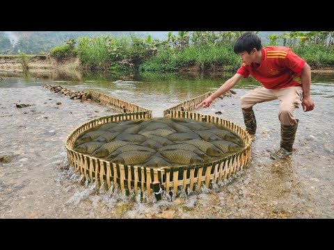 Full 30 day video The boy catches fish in the stream using