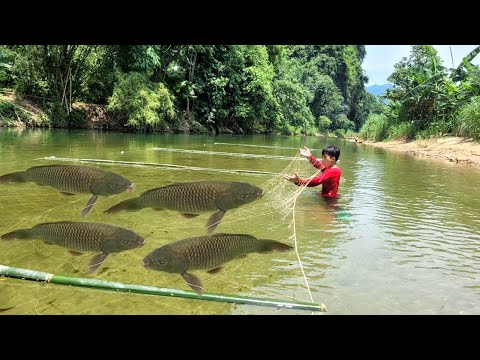The boy used a super large net to cast into the stream and