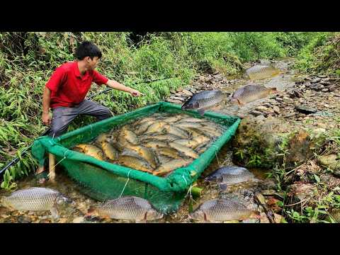 Lam used bamboo and green mesh to make a fish trap in the