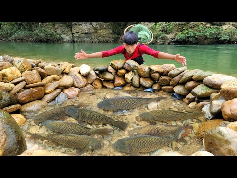 The boy made a trap by stacking rocks and placing pipes