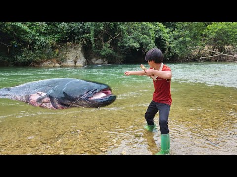 The boy fished with a bamboo tube in a big stream and