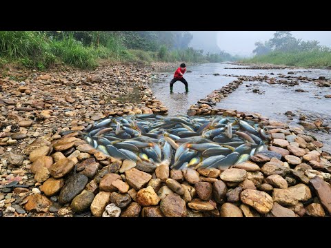 The boy Lam arranged stones in the stream to make a fish