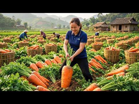 Harvesting Giant Carrots At A Green Farm And Taking Them To