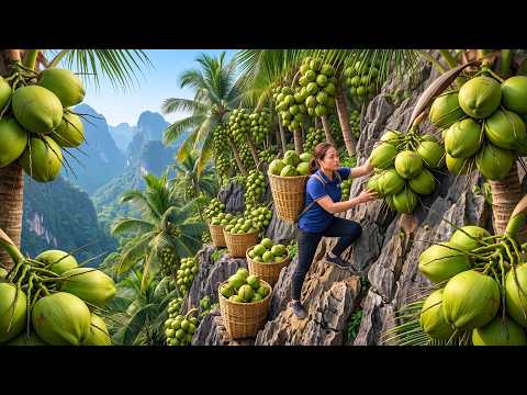 Harvesting 500kg Of Fresh Giant Coconuts And Transporting