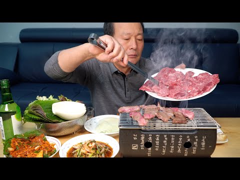 미니 화로로 바로 구워 바로 먹는 한우 꽃갈비살 혼술 먹방 Korean beef ribs mini