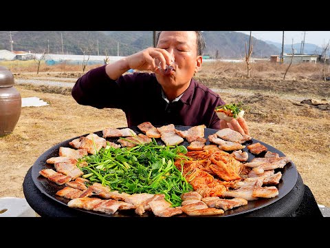 삼겹살 데이 혼술 먹방 솥뚜껑 삼겹살과 향긋한 제철 미나리로 혼술 한 잔 Samgyeopsal Minari