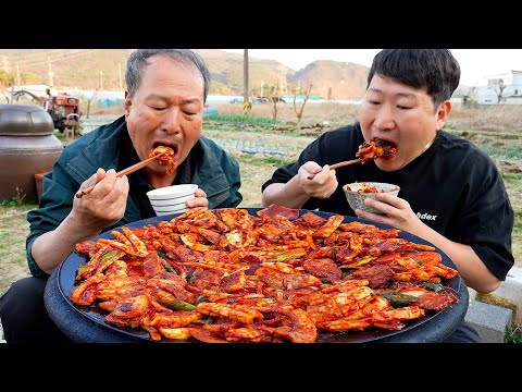 삼겹살의 고소함과 오징어의 쫄깃함 양념이 어우러진 솥뚜껑 오삼불고기 먹방 Squid and Pork