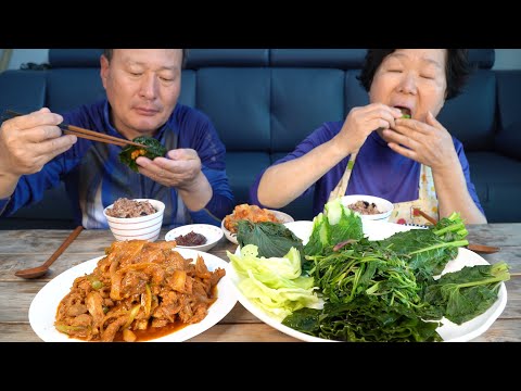 봄철 나물과 맛있는 제육으로 쌈밥 한상 Leaf Wraps and Rice with Stir fried