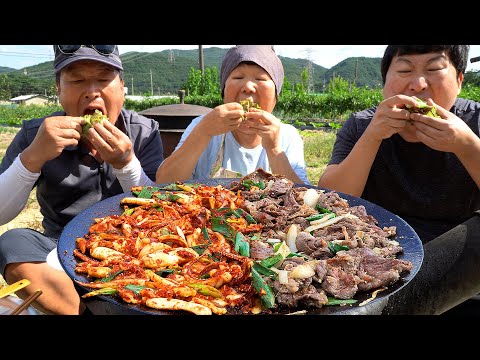 매콤 오징어볶음과 소불고기를 솥뚜껑에다 반반 퓨전 Spicy Stir fried Squid Bulgogi