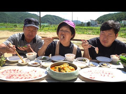 싱싱한 회와 얼 큰한 매운탕 부시리 회 오징어회 Kingfish Squid raw fish 요리 먹방