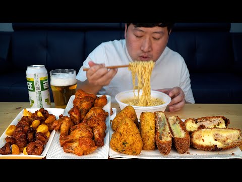 윙부터 불막창까지 에어프라이어로 조리한 각종 냉동에 맥주 한 캔 Beer Korean Frozen