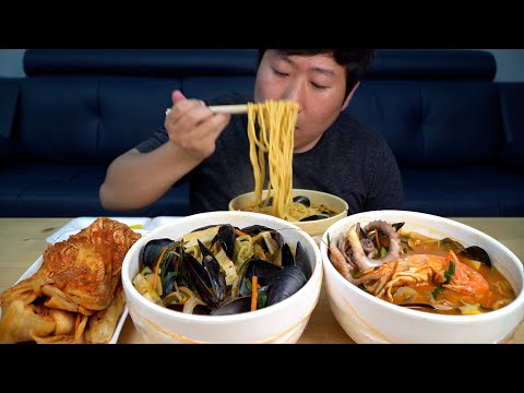 비 오는 날 속이 확 풀리는 얼큰한 홍합짬뽕 해물짬뽕 3종 짬뽕 세트 먹방 3 kinds of
