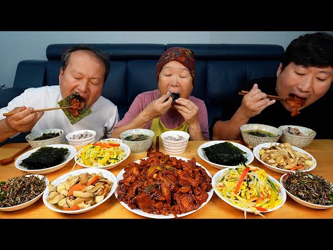 밥도둑 집합 빨간 제육볶음에 냉채 버섯볶음 멸치볶음에 미역국까지 집밥 한 상 Korean home meal