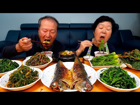 집밥 제철인 향긋한 여러 봄나물무침과 맛있는 고등어구이와 달래된장국까지 Korean homemade