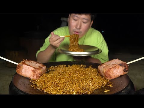통스팸 구워서 불닭게티 불닭볶음면 짜파게티 요리 먹방 Mukbang eating show
