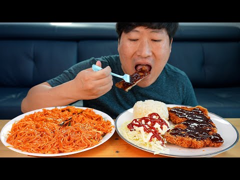 수제 왕돈까스와 쫄면 가득 분식 세트 먹방 Homemade Pork cutlet Spicy chewy