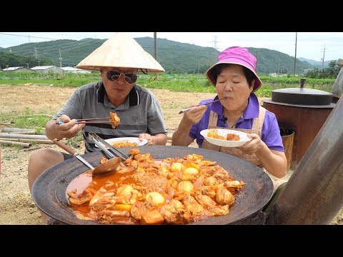 각종 야채와 닭고기를 솥뚜껑에 지글지글 닭볶음탕과 볶음밥 Braised Spicy Chicken Fried