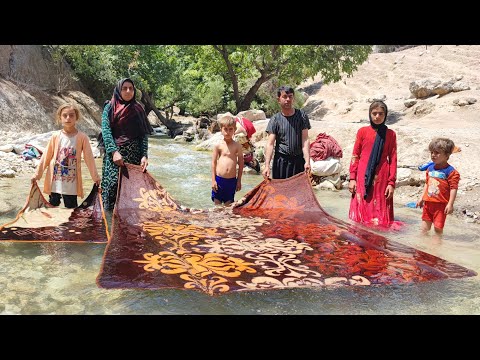 Washing Blankets in Clear River Waters Nomad life ROSTA
