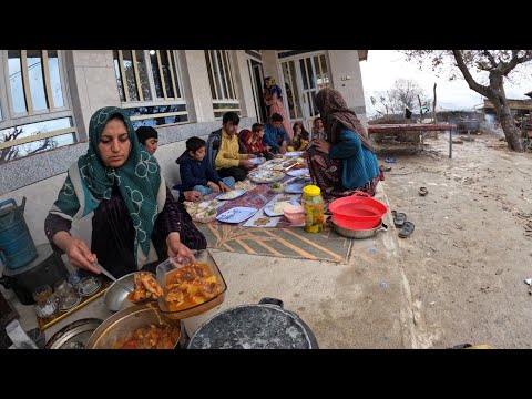 Rural life cooking stew and rice mutton for lunch