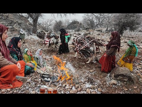 Collecting firewood in the mountain by a village family on