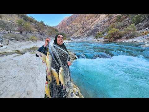 Brave Nomad Woman Fishing in a Raging River