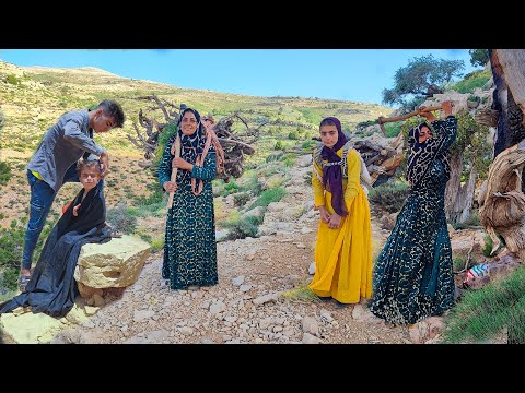 How village family bathe and collect firewood