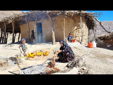 Nomadic life chicken barbecue by a village woman